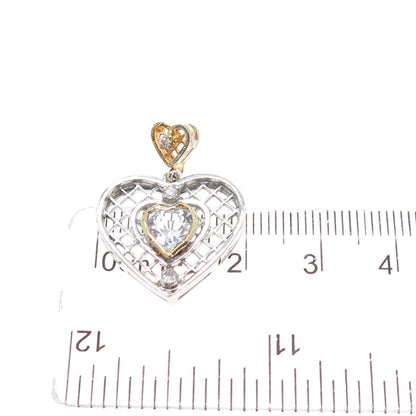 925 Sterling Silver 2-Tone Real Blue Topaz & C Z Heart Charm Pendant