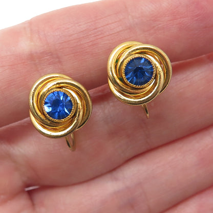 Gold Filled Antique Art Deco Blue Rhinestone Trinity Knot Screw Back Earrings