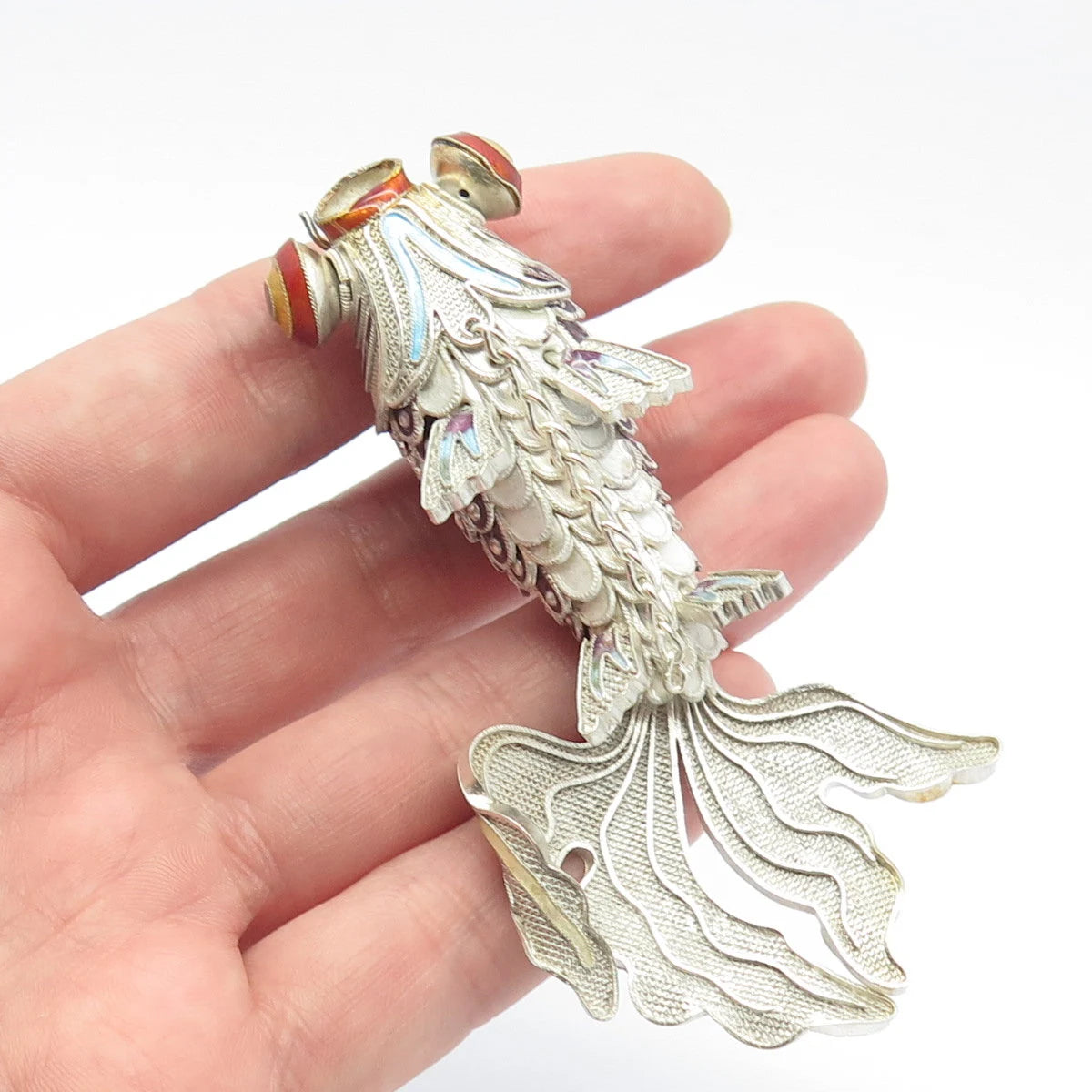 925 Sterling Silver Antique Enamel Chinese Koi Fish Chatelaine Fob