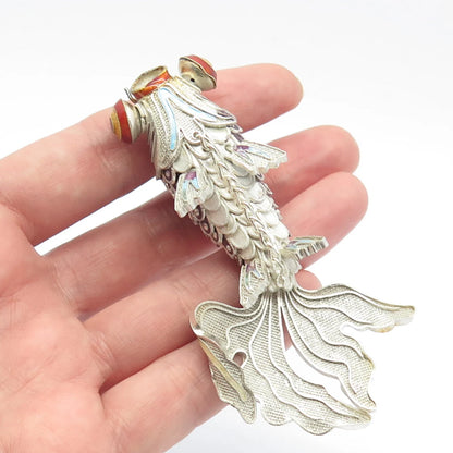 925 Sterling Silver Antique Enamel Chinese Koi Fish Chatelaine Fob