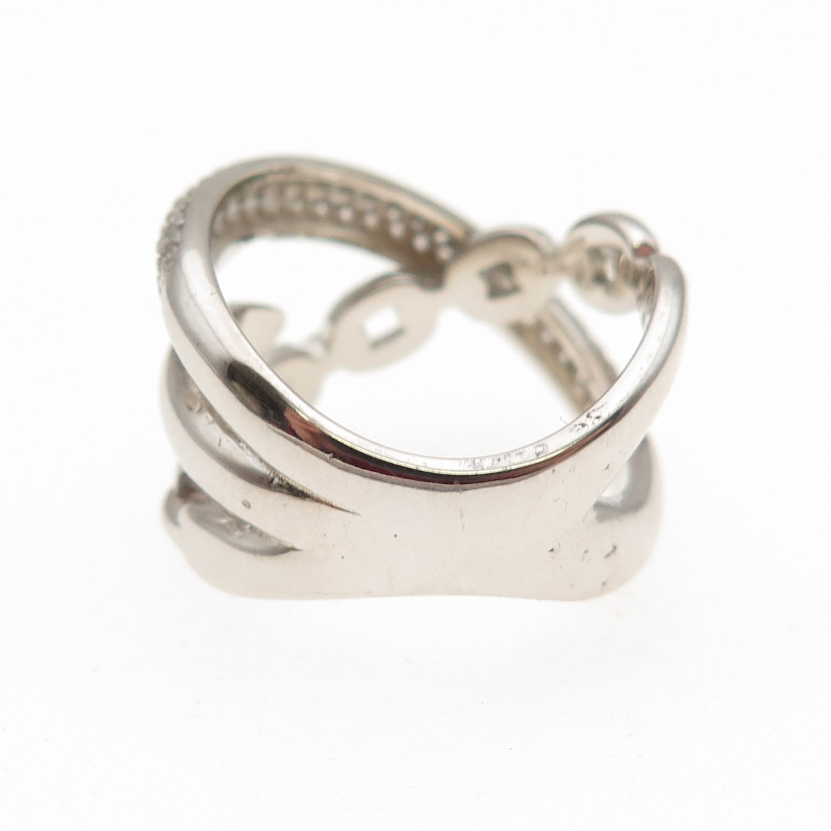 925 Sterling Silver Round-Cut C Z Multi-Chain Crossover Ring Size 6