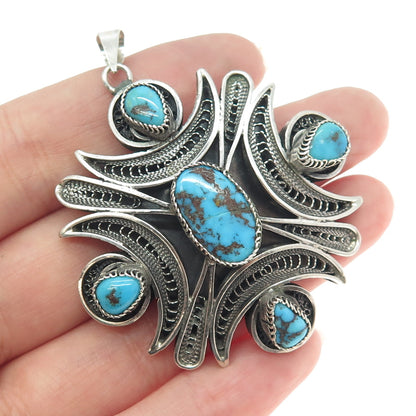 800 Silver Vintage Egypt Real Morenci Turquoise Filigree Pendant