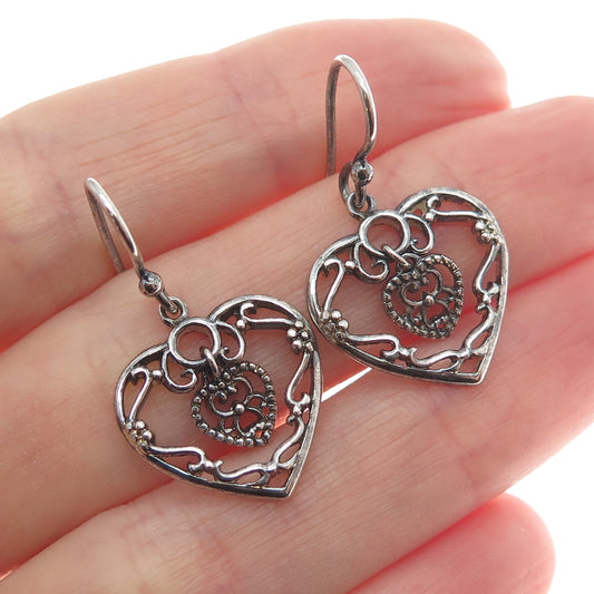 925 Sterling Silver Vintage Ornate Heart & Flower Dangle Earrings