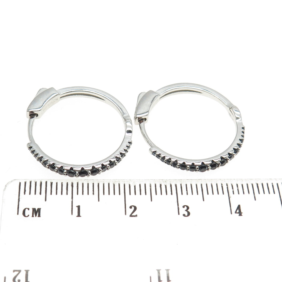 925 Sterling Silver Black C Z Huggie Earrings