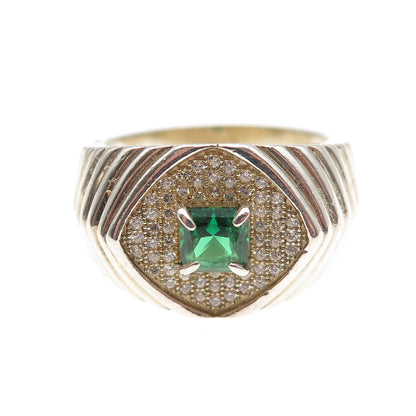 925 Sterling Silver Real Chrome Diopside & C Z Ribbed Ring Size 9.25