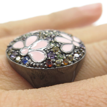 925 Sterling Silver Black Rhodium Enamel Real Multi-Sapphire Ring Size 7.25