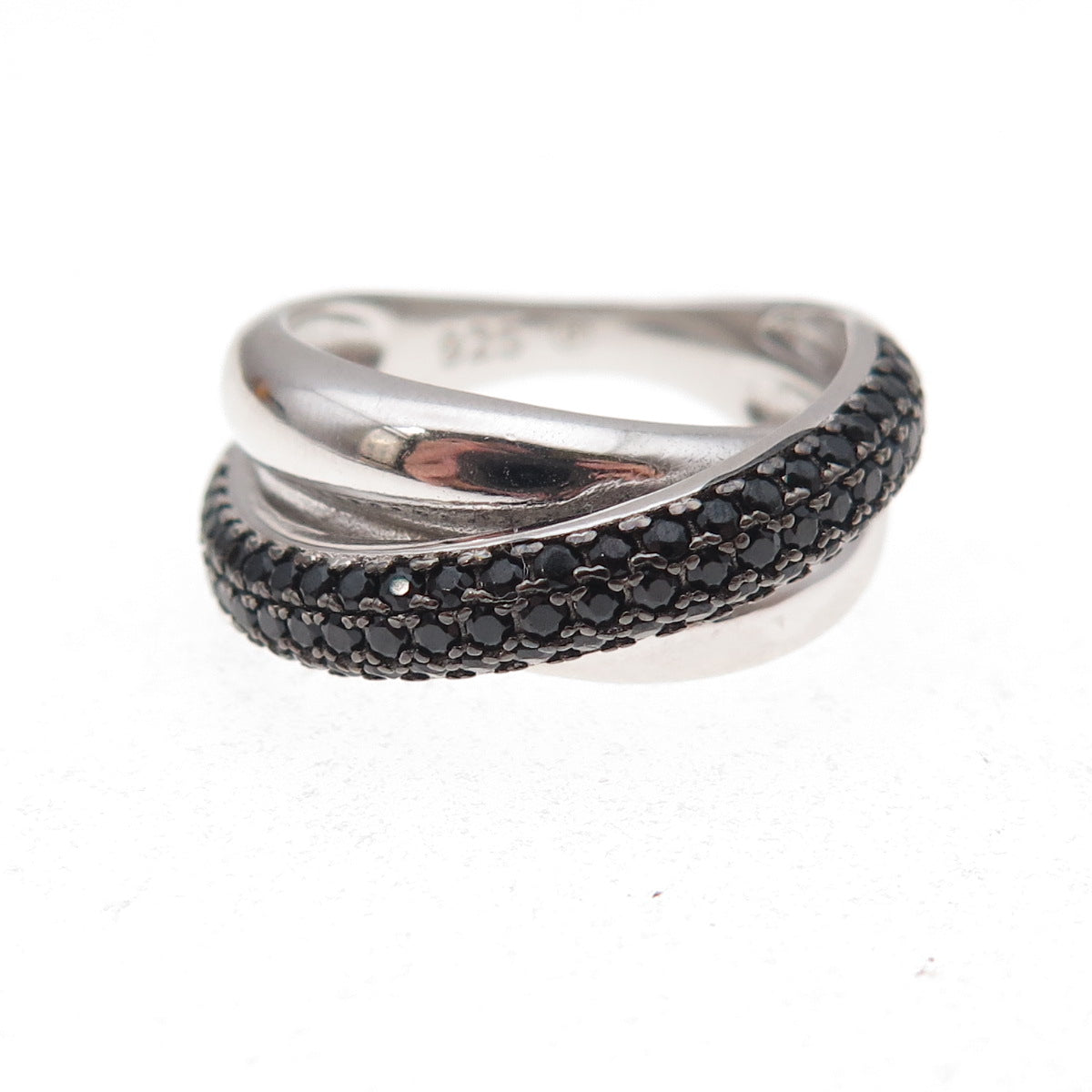 925 Sterling Silver Real Round-Cut Black Spinel Crisscross Ring Size 6.25