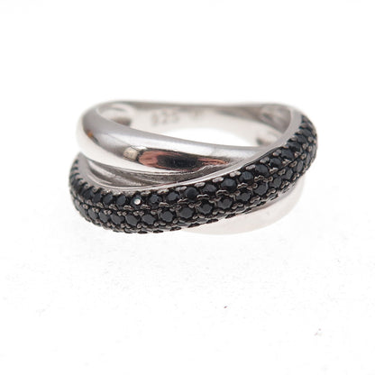 925 Sterling Silver Real Round-Cut Black Spinel Crisscross Ring Size 6.25