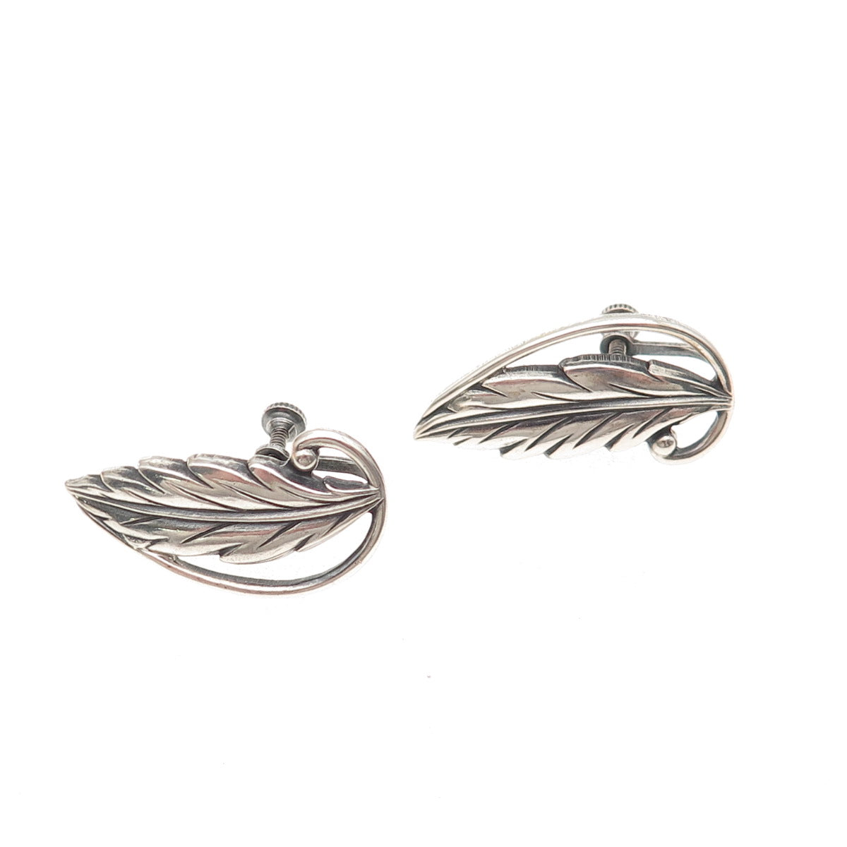 Old Pawn Sterling Silver Vintage Southwestern Feather Tribal Screw Back Earrings