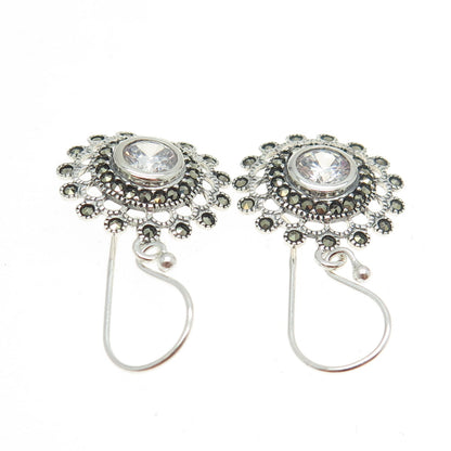 925 Sterling Silver Real Marcasite & Round-Cut C Z Floral Dangling Earrings