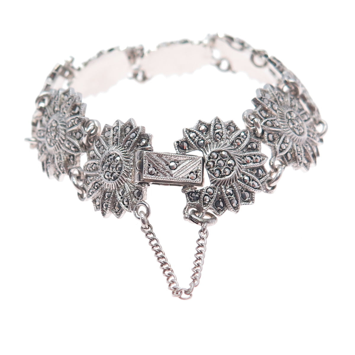 925 Sterling Silver Antique Marcasite Flower Bracelet 6.75" (missing 2 stones)