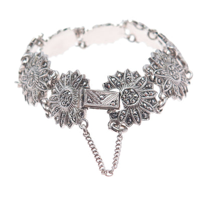 925 Sterling Silver Antique Marcasite Flower Bracelet 6.75" (missing 2 stones)