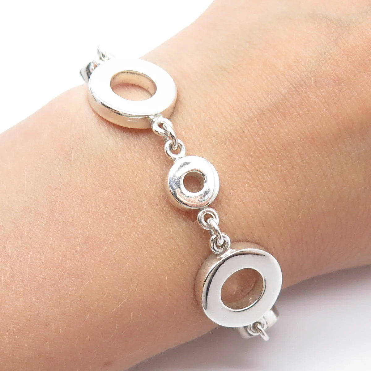 950 Silver Vintage Open Circle Link Bracelet 7.25"