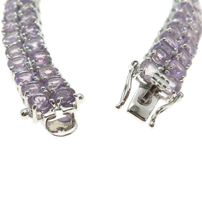 925 Sterling Silver Round-Cut Amethyst Gem 2-Row Tennis Link Bracelet 7.5"