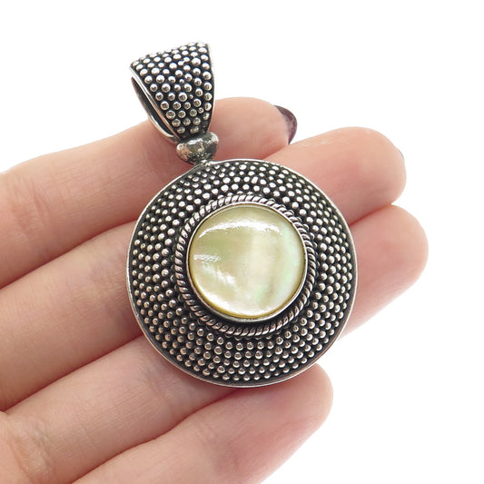 SUARTI BALI 925 Sterling Silver Vintage Real Mother-of-Pearl Granulated Pendant