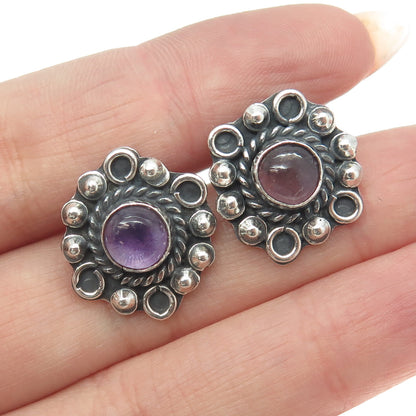 925 Sterling Silver Vintage Mexico Real Amethyst Floral Beaded Earrings