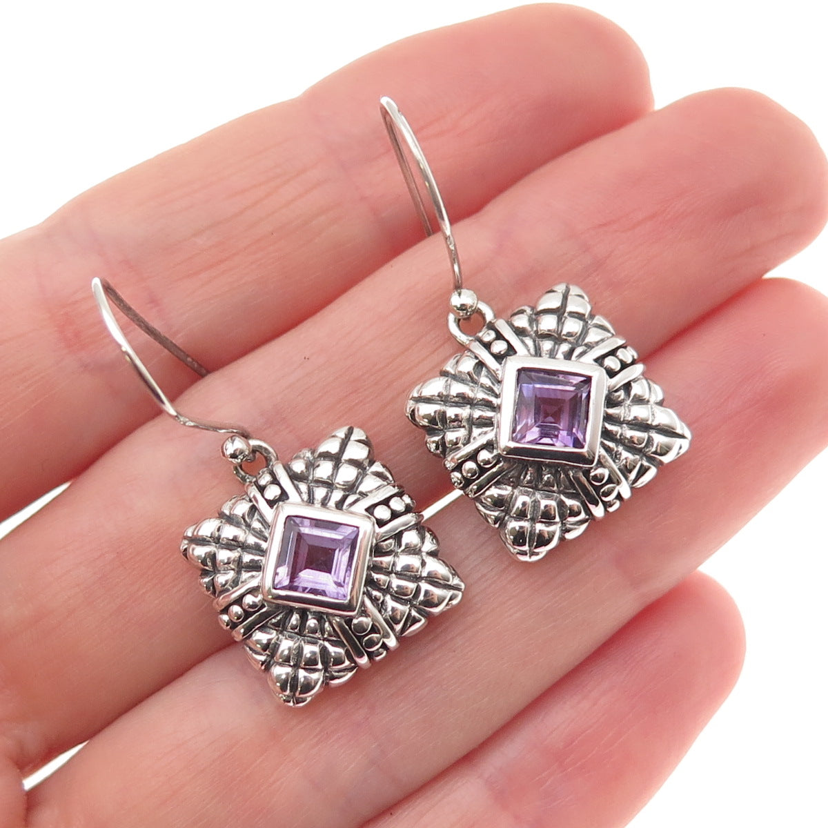 925 Sterling Silver Vintage Real Amethyst Oxidized Dangle Earrings