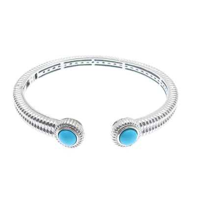 925 Sterling Silver Real Sleeping Beauty Turquoise Gem Ribbed Cuff Bracelet 7.5"