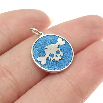 925 Sterling Silver Blue Enamel Skull & Bone Round Minimalist Charm Pendant