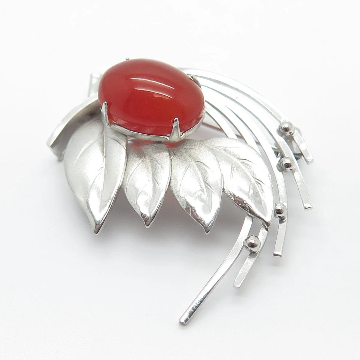 Silver-Tone Antique Real Carnelian Gemstone Leaf Pin Brooch