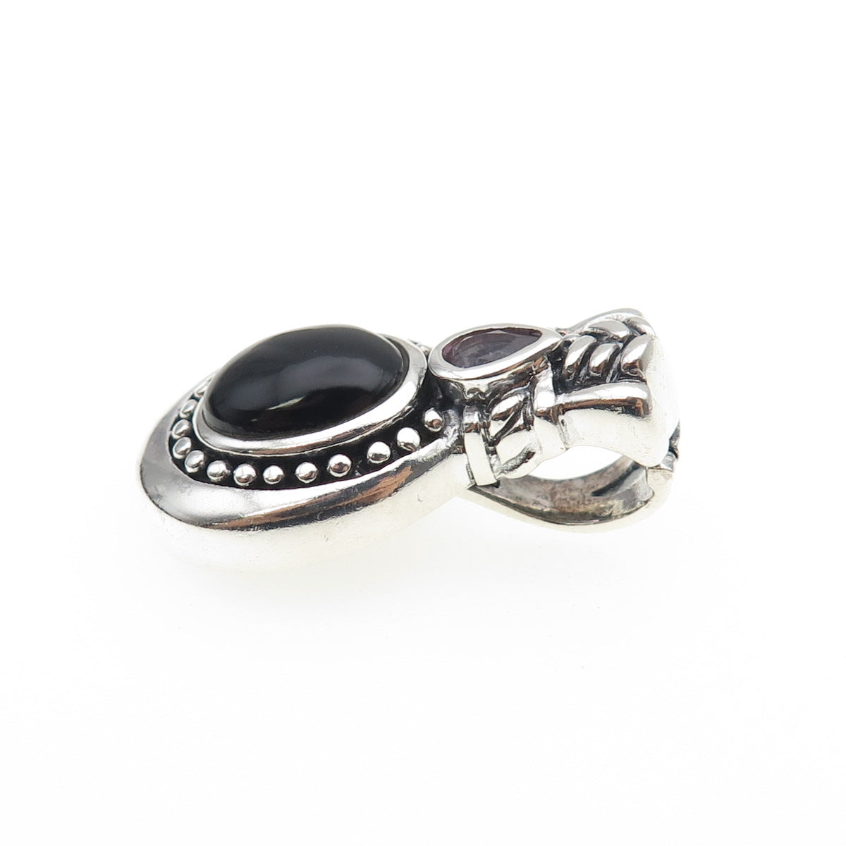 925 Sterling Silver Vintage Real Black Onyx & Amethyst Oxidized Charm Pendant