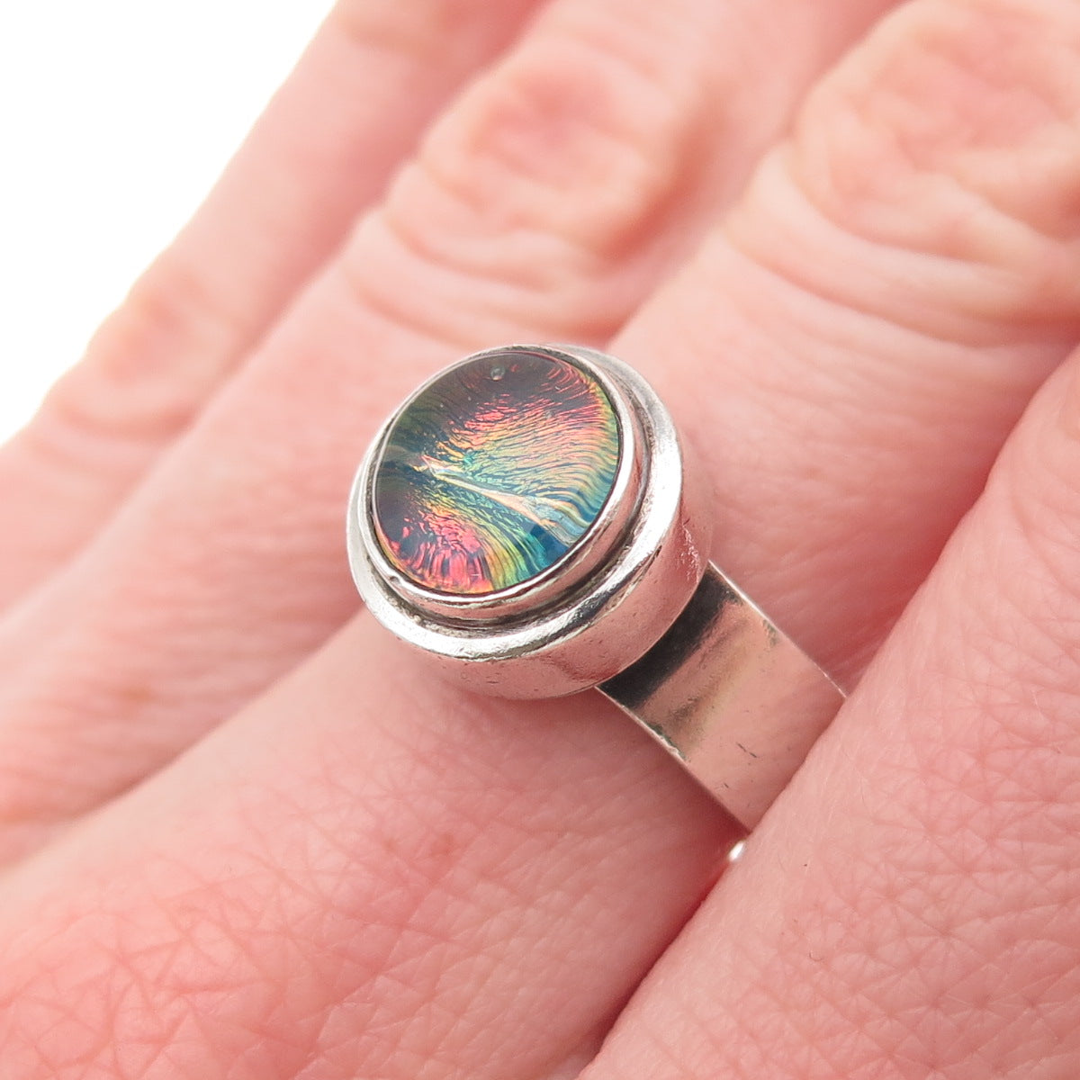 925 Sterling Silver Vintage Dichroic Glass Modernist Oxidized Ring Size 7