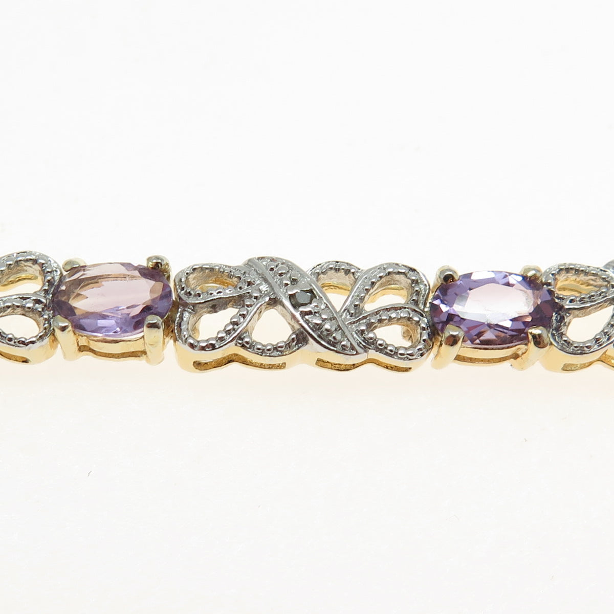 HAN 925 Sterling Silver 2-Tone Real Diamond Accent Amethyst Gem Bracelet 7.25"