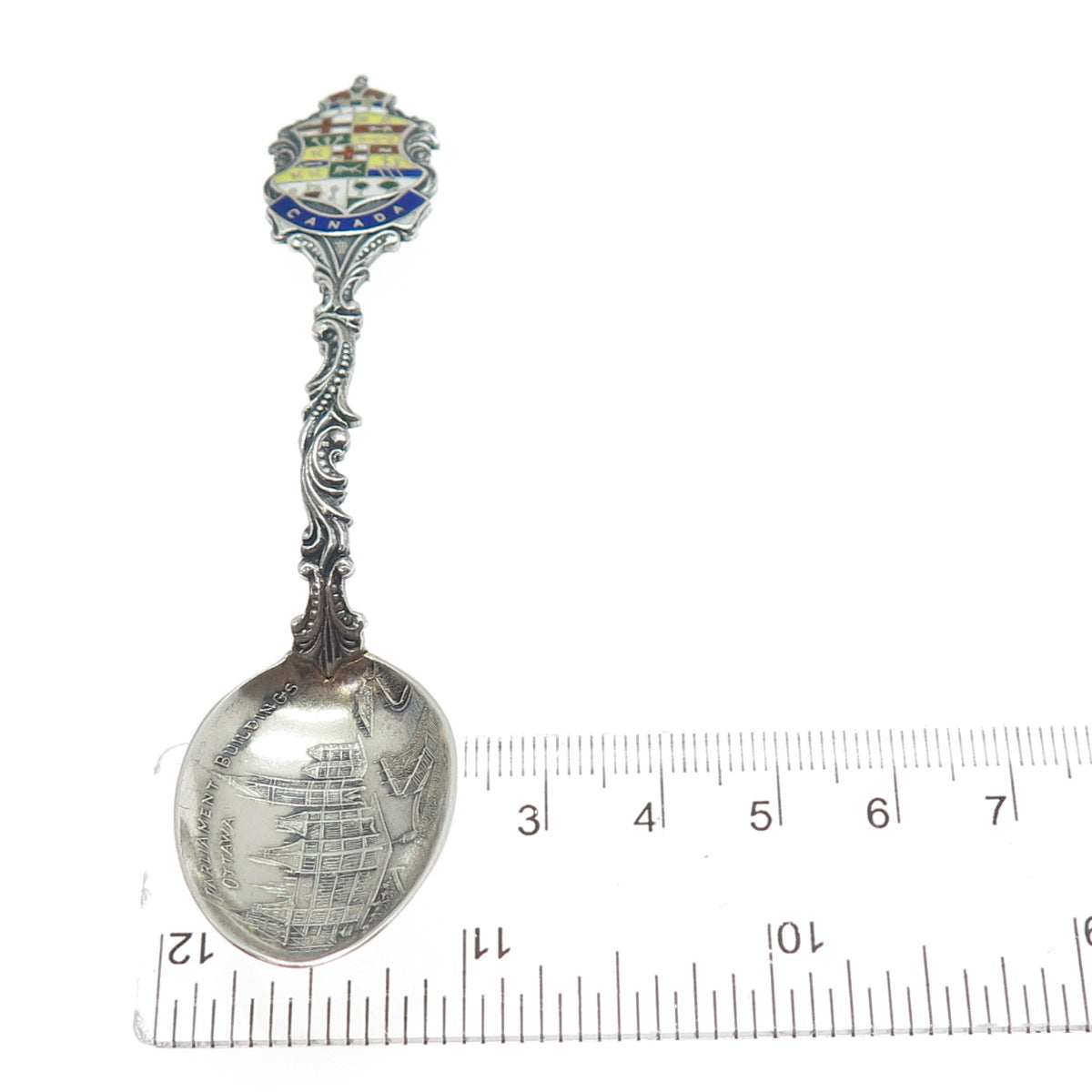 925 Sterling Silver Antique 1901 RD Canada Enamel Parliament Hill Coffee Spoon