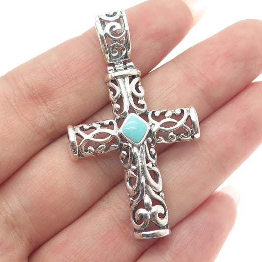 925 Sterling Silver Vintage Sleeping Beauty Turquoise Gem Ornate Cross Pendant