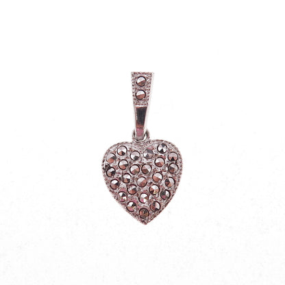 Theda 925 Sterling Silver Antique Art Deco Real Marcasite Heart Charm Pendant
