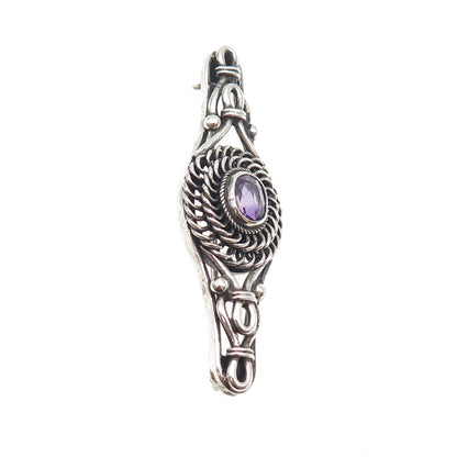 925 Sterling Silver Vintage Real Oval-Cut Amethyst Oxidized Pin Brooch