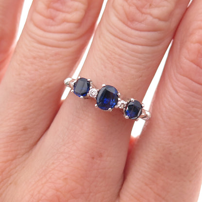 925 Sterling Silver Antique Art Deco Real Diamond & Sapphire Ring Size 7
