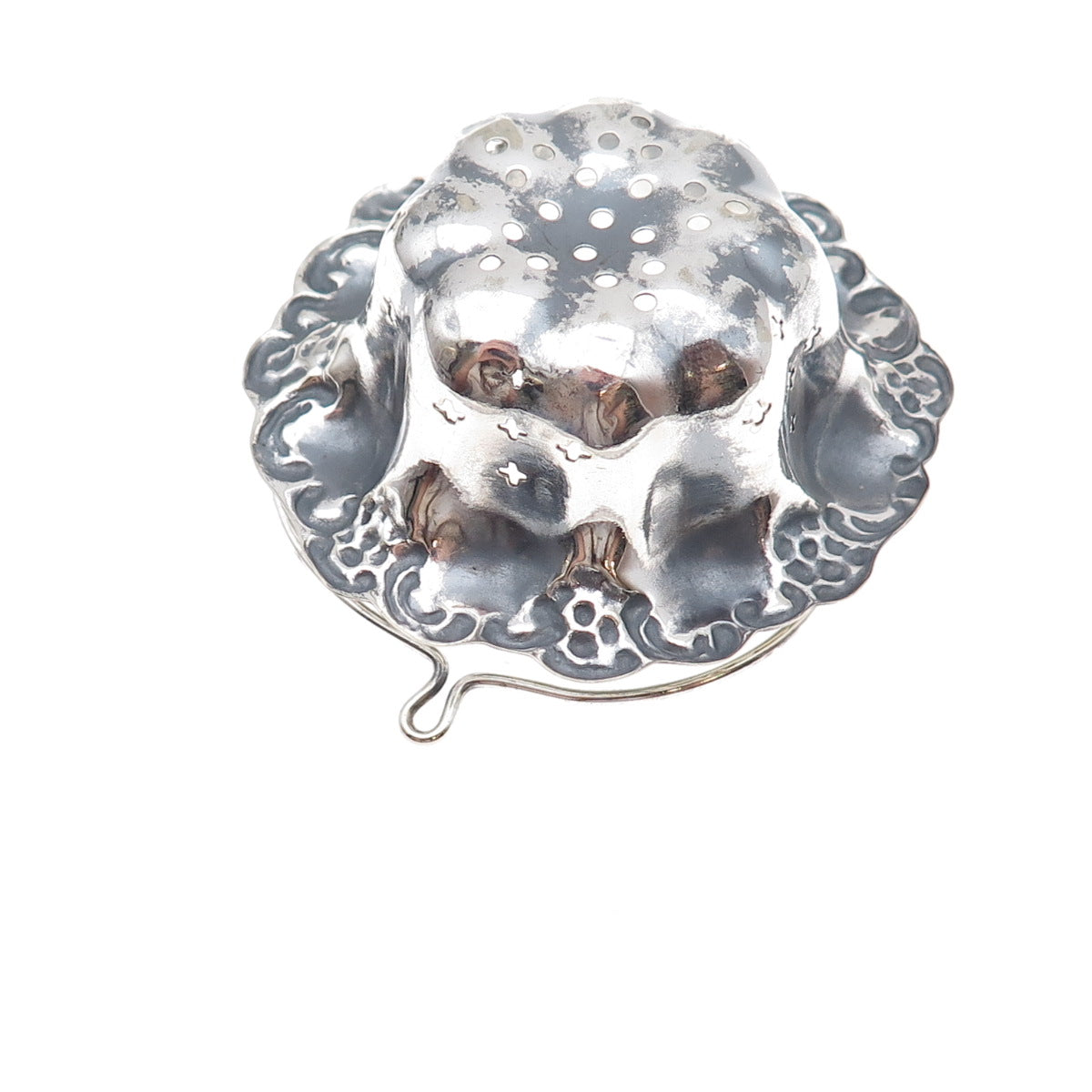 Silver-Tone Antique Art Deco Oxidized Repousse Tea Strainer Basket