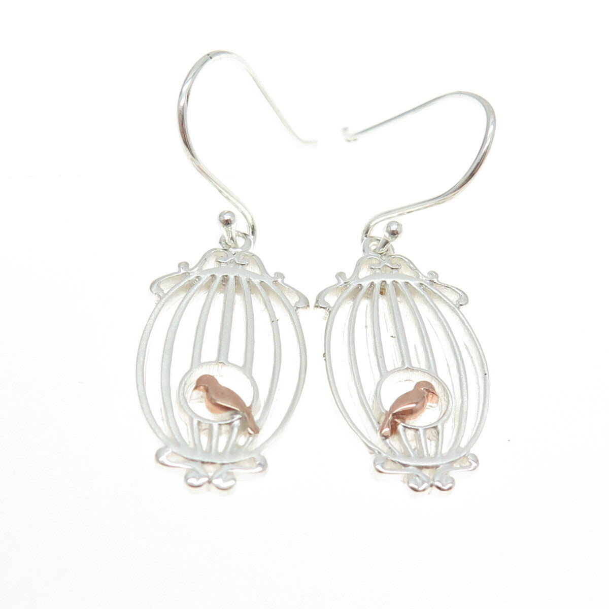 925 Sterling Silver 2-Tone Bird in Cage Dangling Earrings