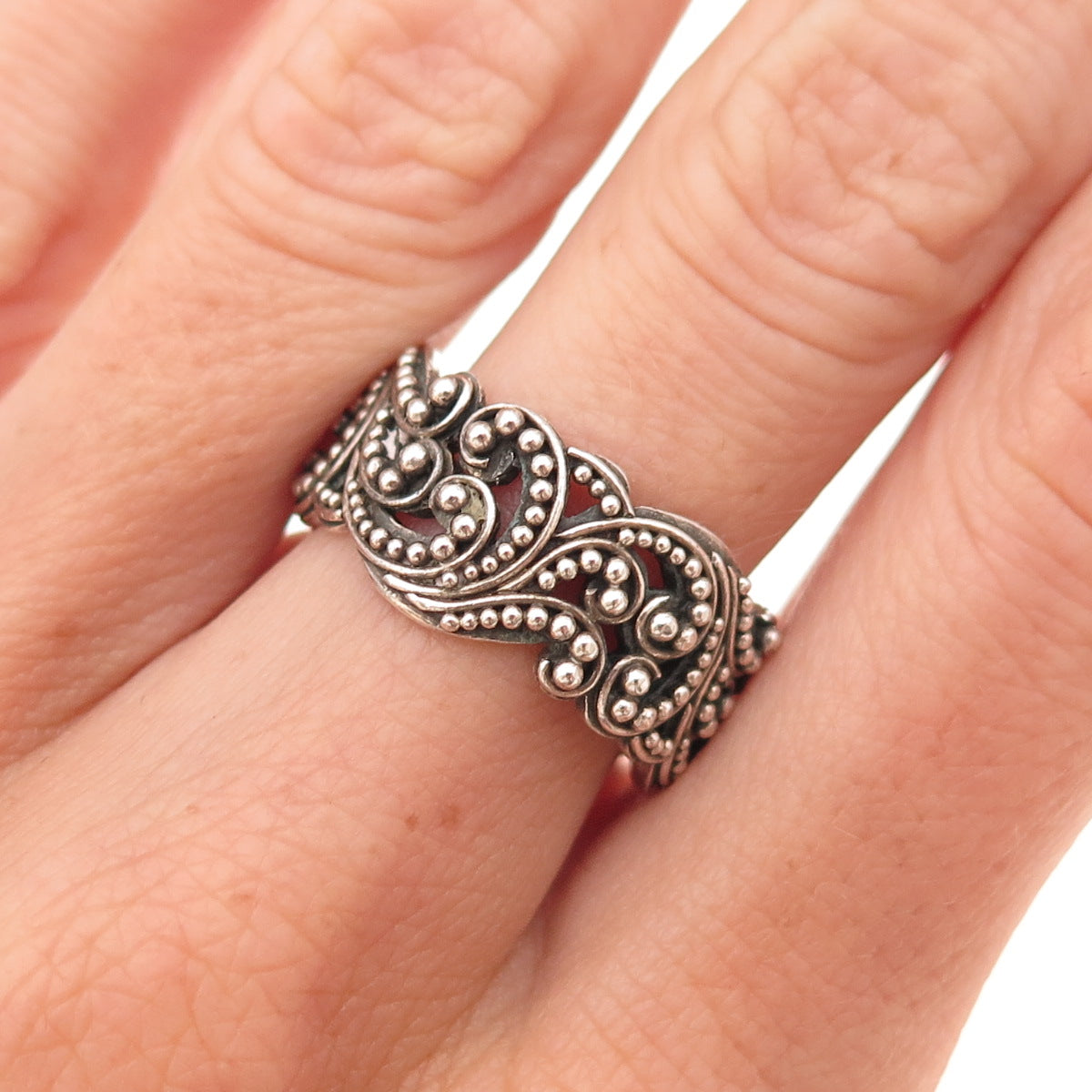 Lois Hill 925 Sterling Silver Vintage Granulated Signature Scroll Ring Size 7