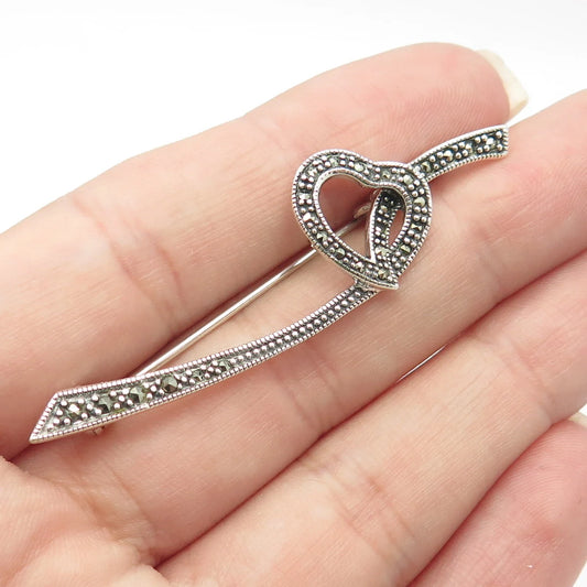 925 Sterling Silver Vintage Real Marcasite Gemstone Heart Ribbon Pin Brooch