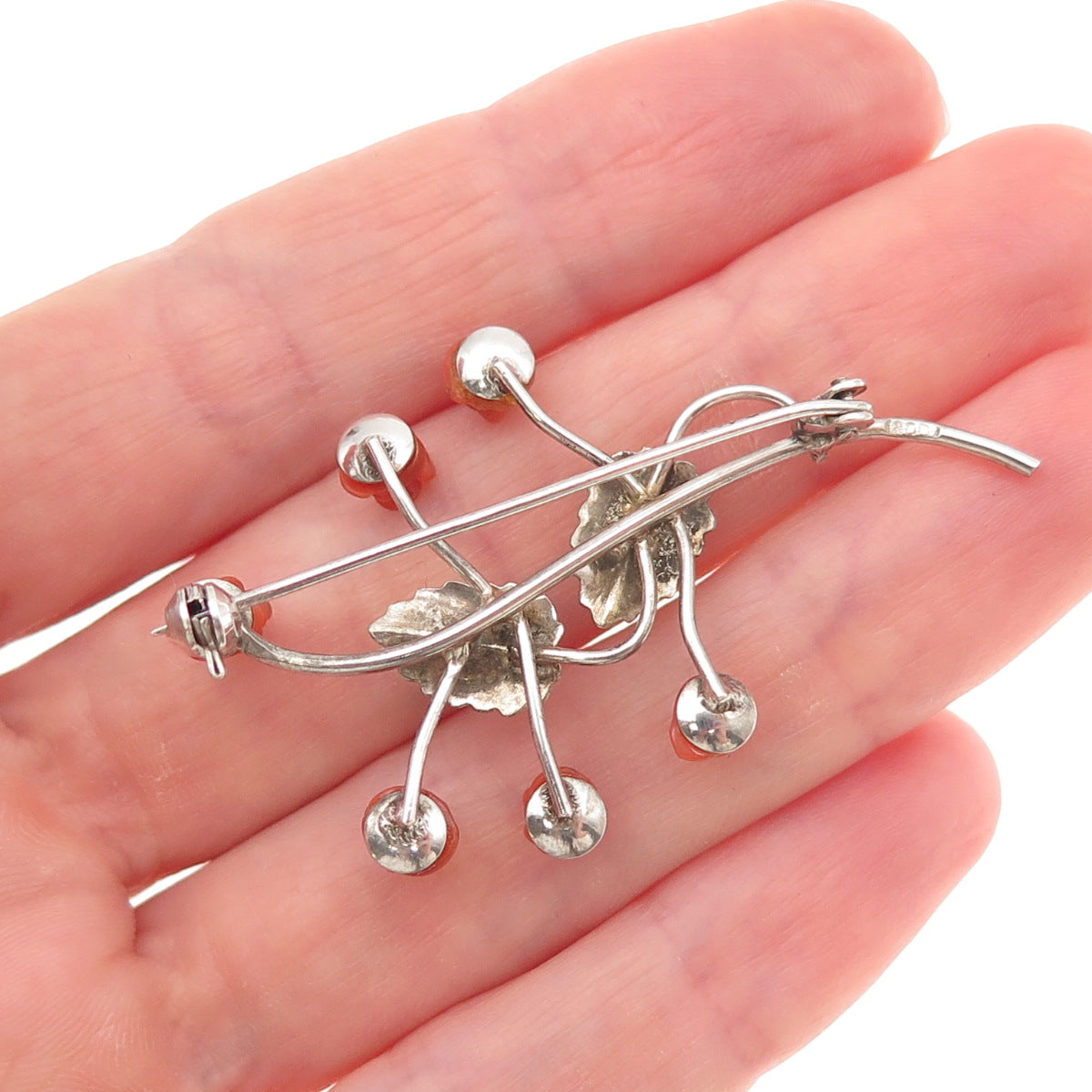 800 Silver Antique Art Deco Real Coral Rose Floral Oxidized Pin Brooch