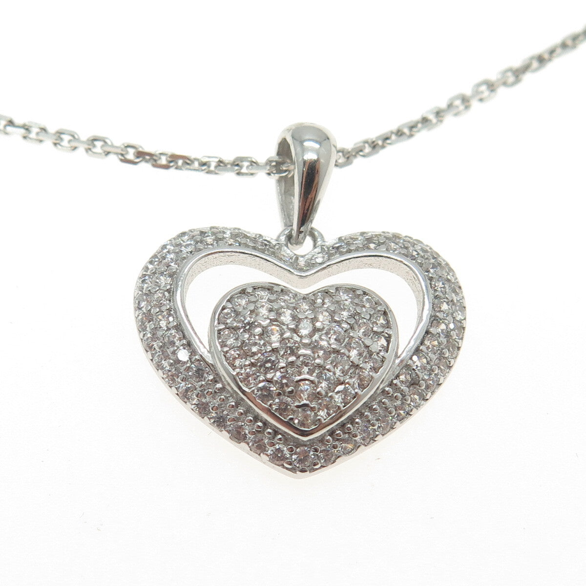 925 Sterling Silver Italy Round-Cut C Z Heart Chain Necklace 16"