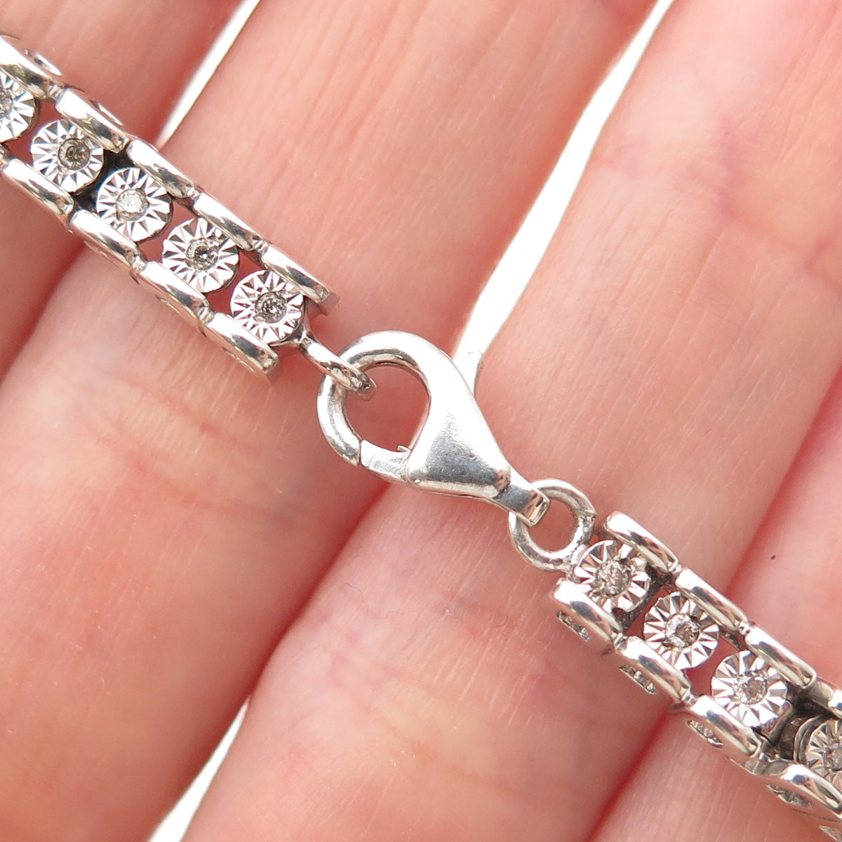 925 Sterling Silver Real Round-Cut Diamond Tennis Link Bracelet 7"