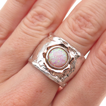 925 Sterling Silver 14K Gold Vintage Real Opal Modernist Hammered Ring Size 8