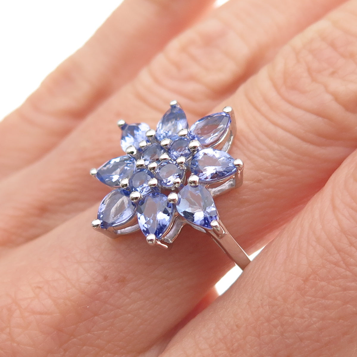 925 Sterling Silver Real Round & Pear-Cut Tanzanite Floral Ring Size 8