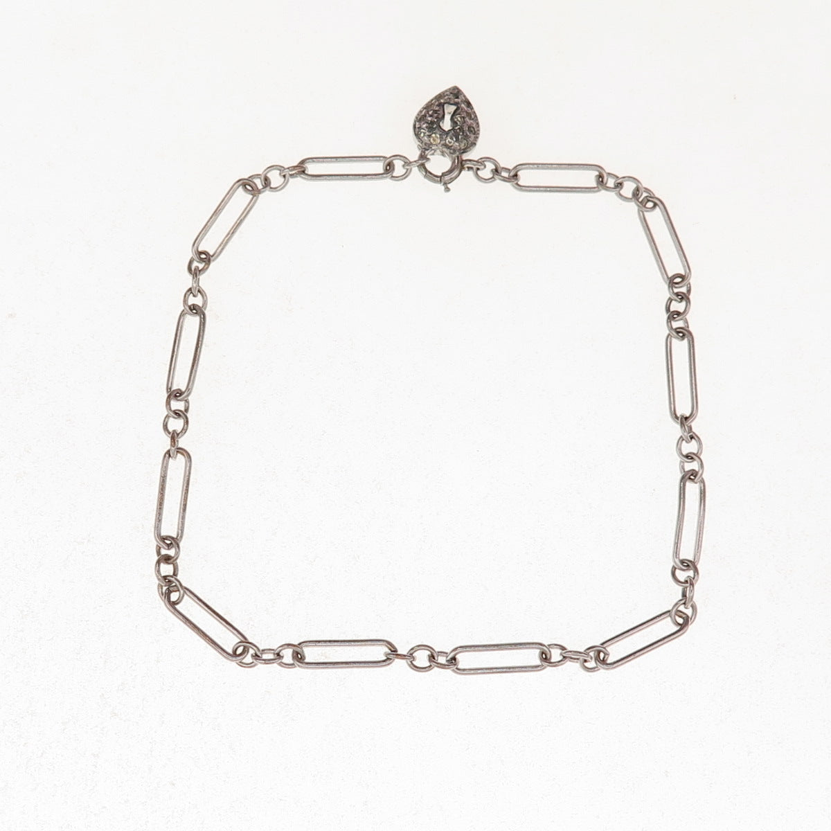 925 Sterling Silver Antique Rhinestone Heart Lock Paperclip Link Bracelet 7.25"