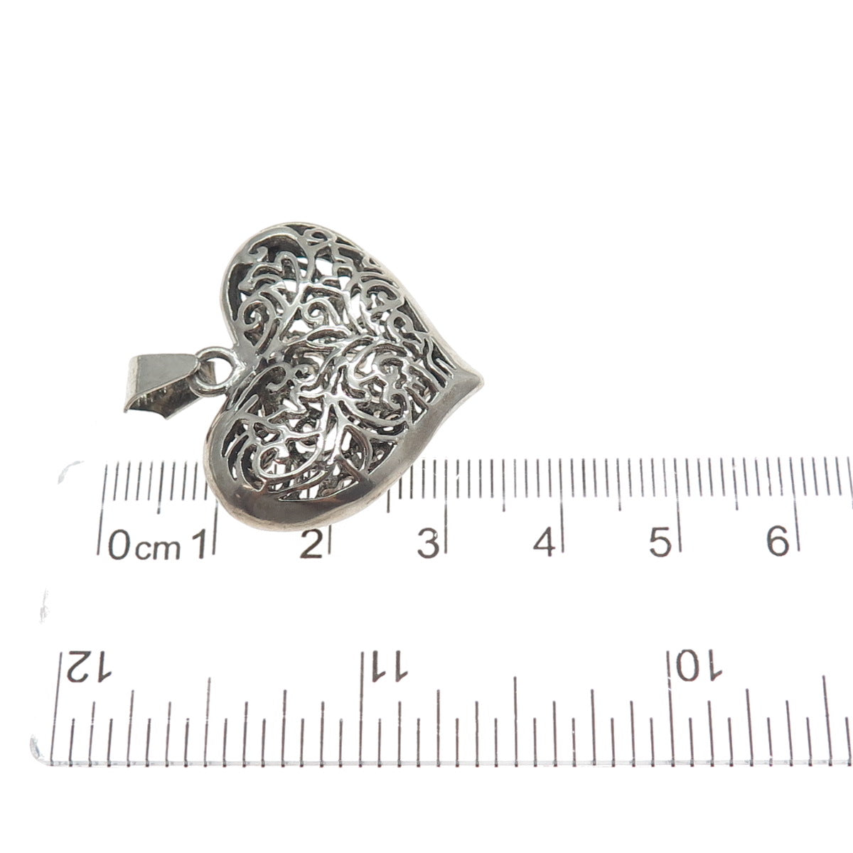 925 Sterling Silver Vintage Modernist Ornate Heart Oxidized Pendant