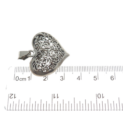 925 Sterling Silver Vintage Modernist Ornate Heart Oxidized Pendant