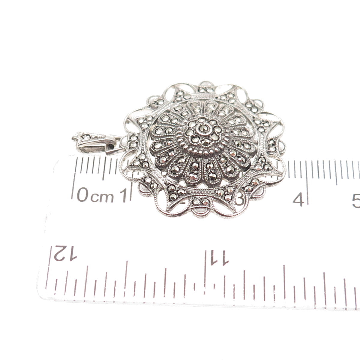 KD Kimler & Daniel 925 Sterling Antique Art Deco Real Marcasite Floral Pendant