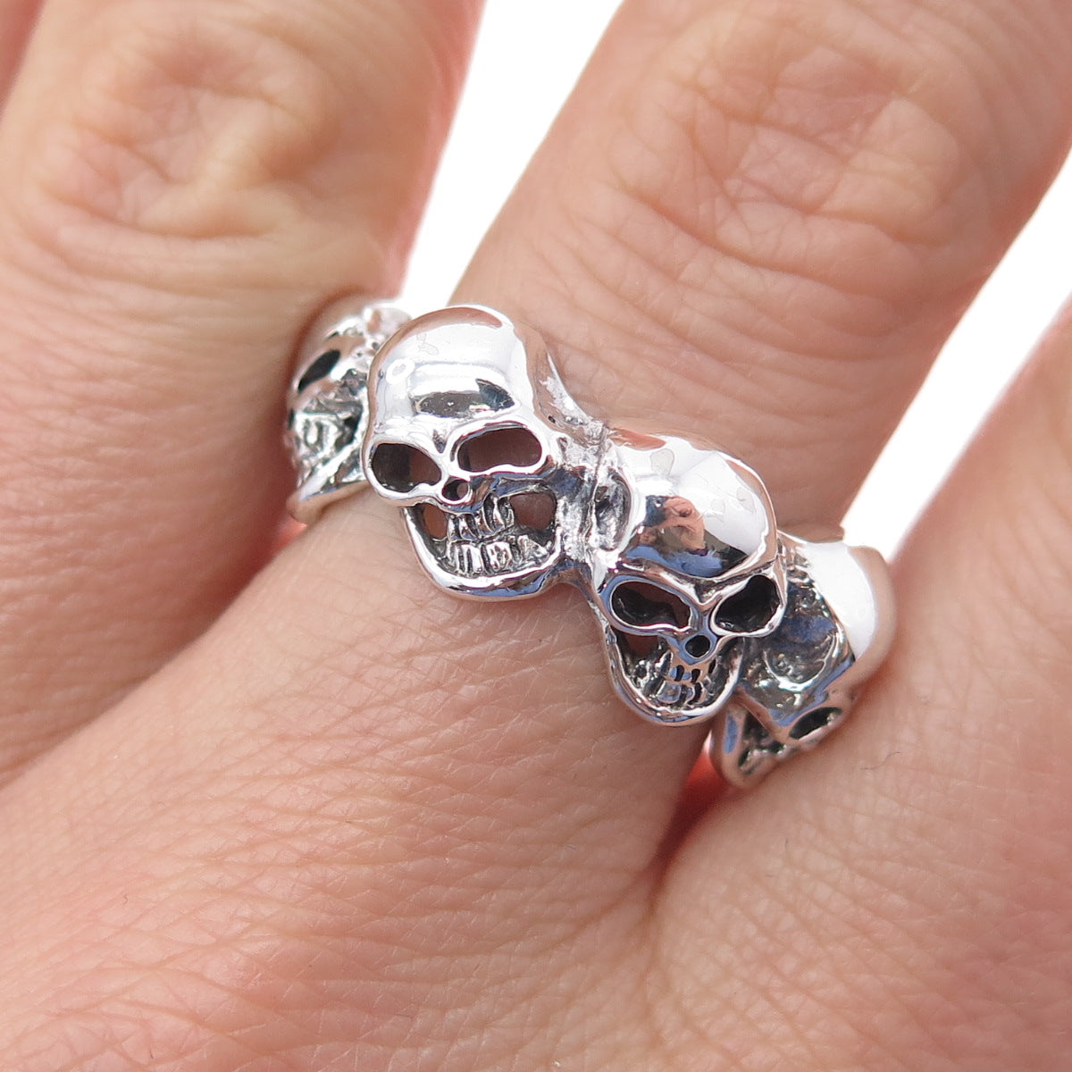 925 Sterling Silver Vintage Skull All Around Biker Ring Size 8.25