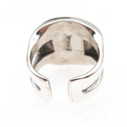 925 Sterling Silver Vintage Real Jade Inlay Modernist Adjustable Ring Size 8.5