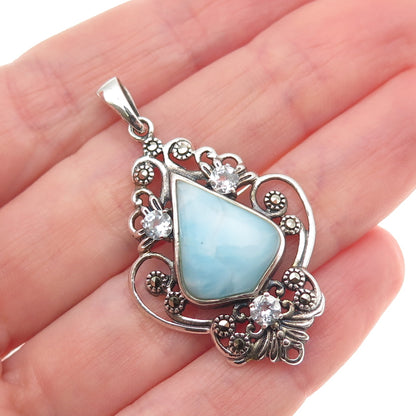 925 Sterling Silver Real Larimar Light Blue Topaz & Marcasite Floral Pendant