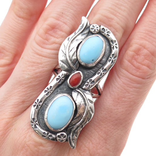 Old Pawn 925 Sterling Silver Vintage Southwestern Turquoise & Coral Ring Size 7