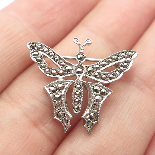 925 Sterling Silver Vintage Real Marcasite Gem Butterfly Pin Brooch